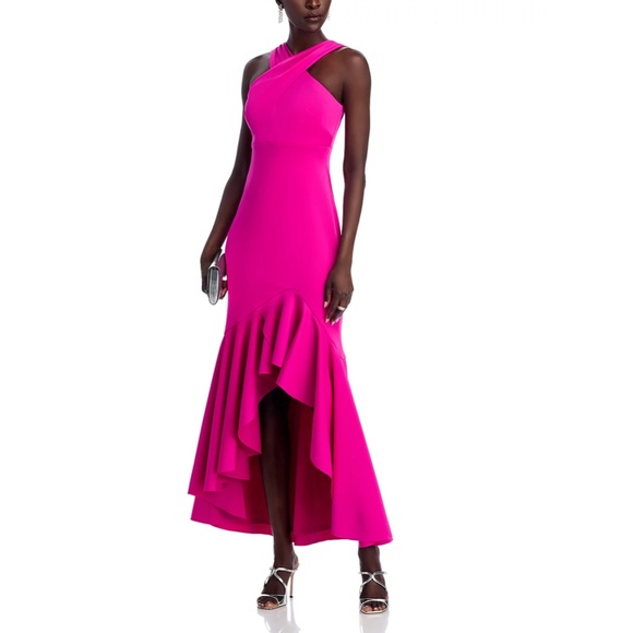 NEW ELIZA J Hot Pink SCUBA CREPE Crisscross HALTER Ruffle HIGH LOW Dress GOWN 2 - Picture 2 of 16